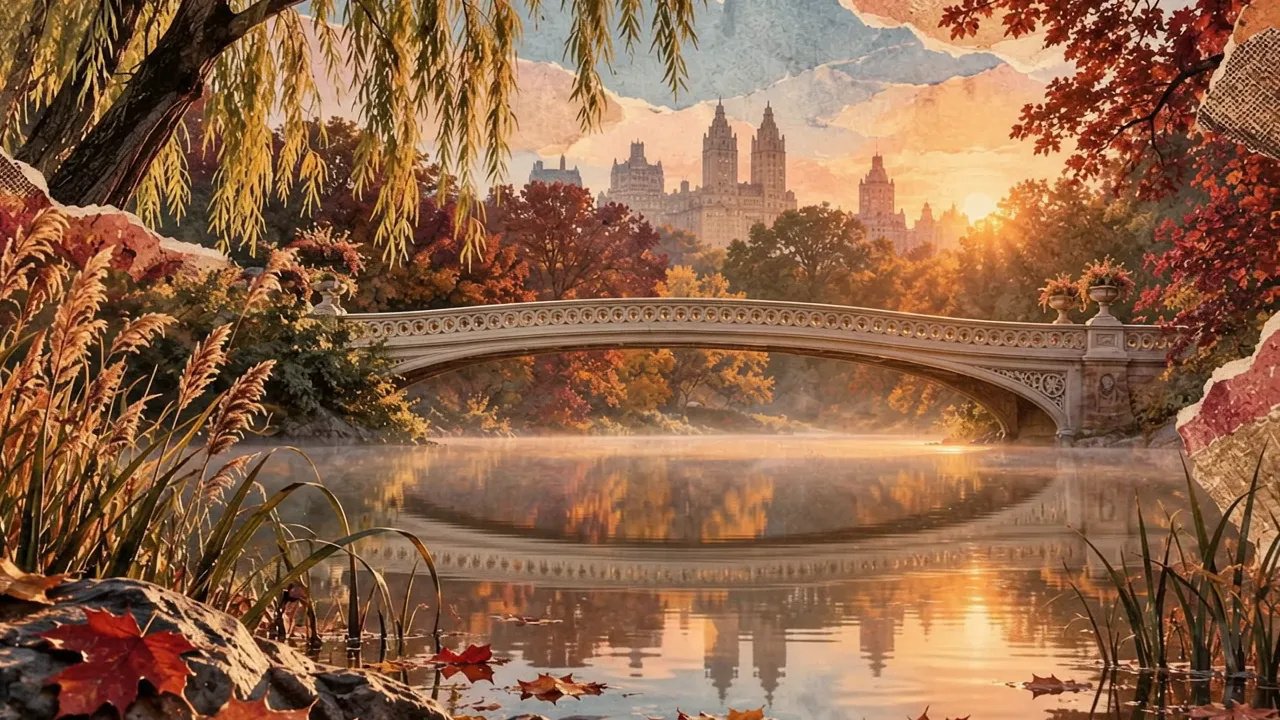 Collage animation still: Bow Bridge in Central Park at sunrise, mist on the lake.