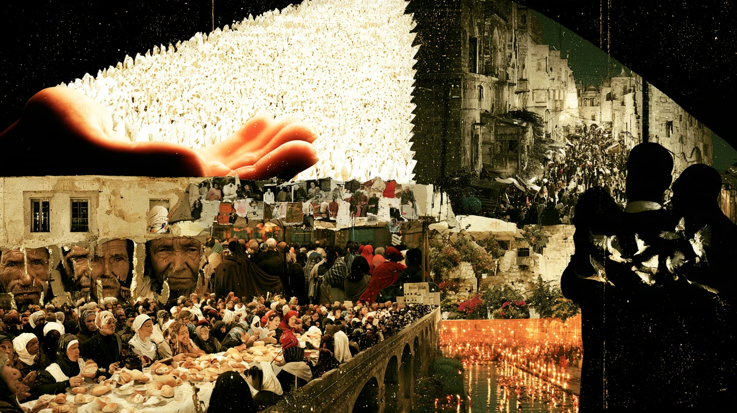 Dreamlike collage about human connection and belief