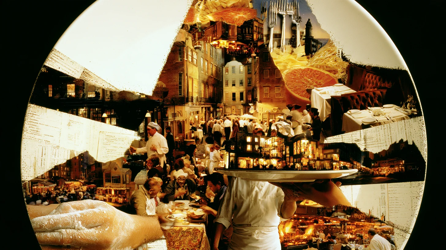 Surreal collage of restaurants, tables and food