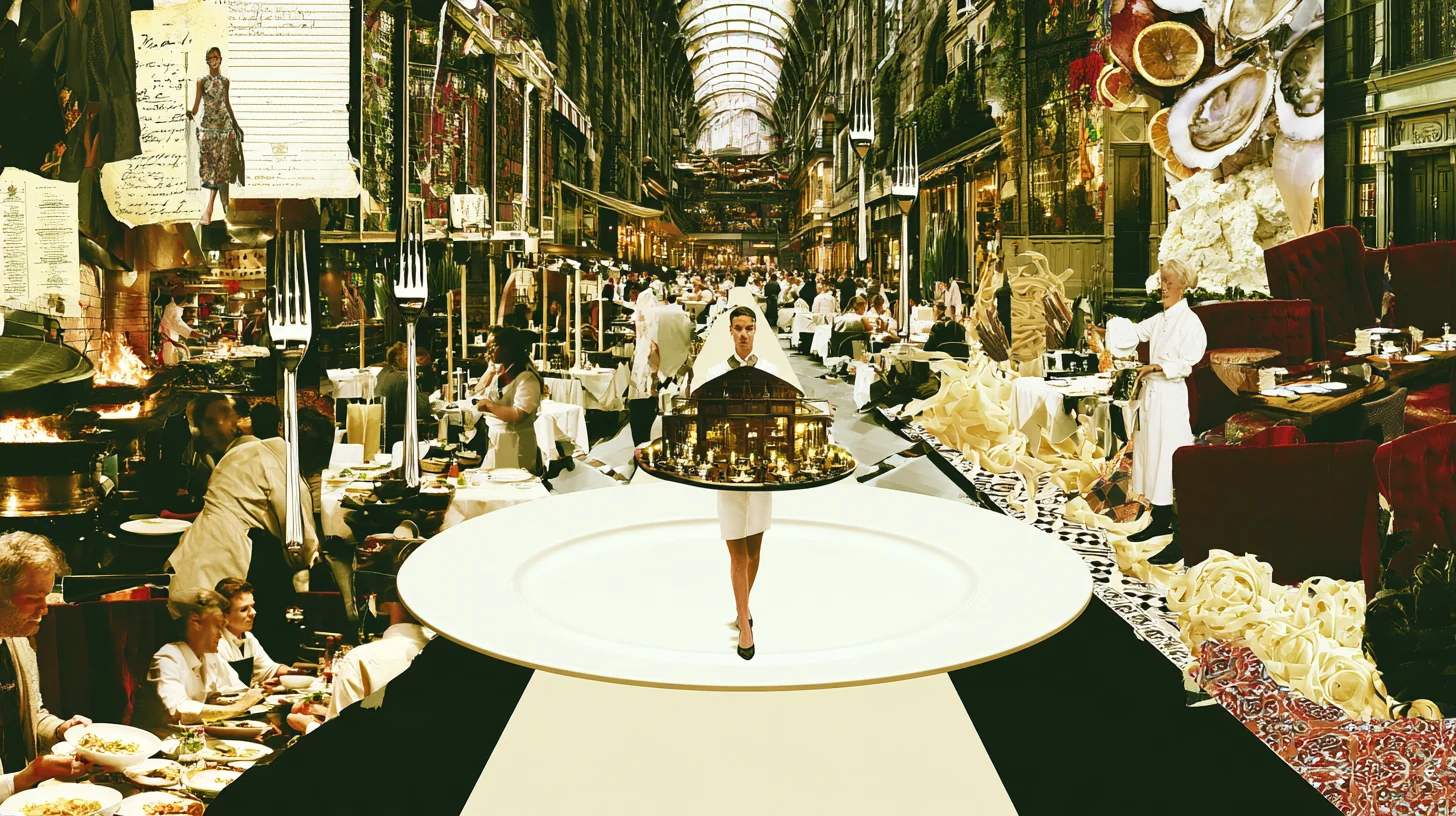 Surreal collage of restaurants, tables and food