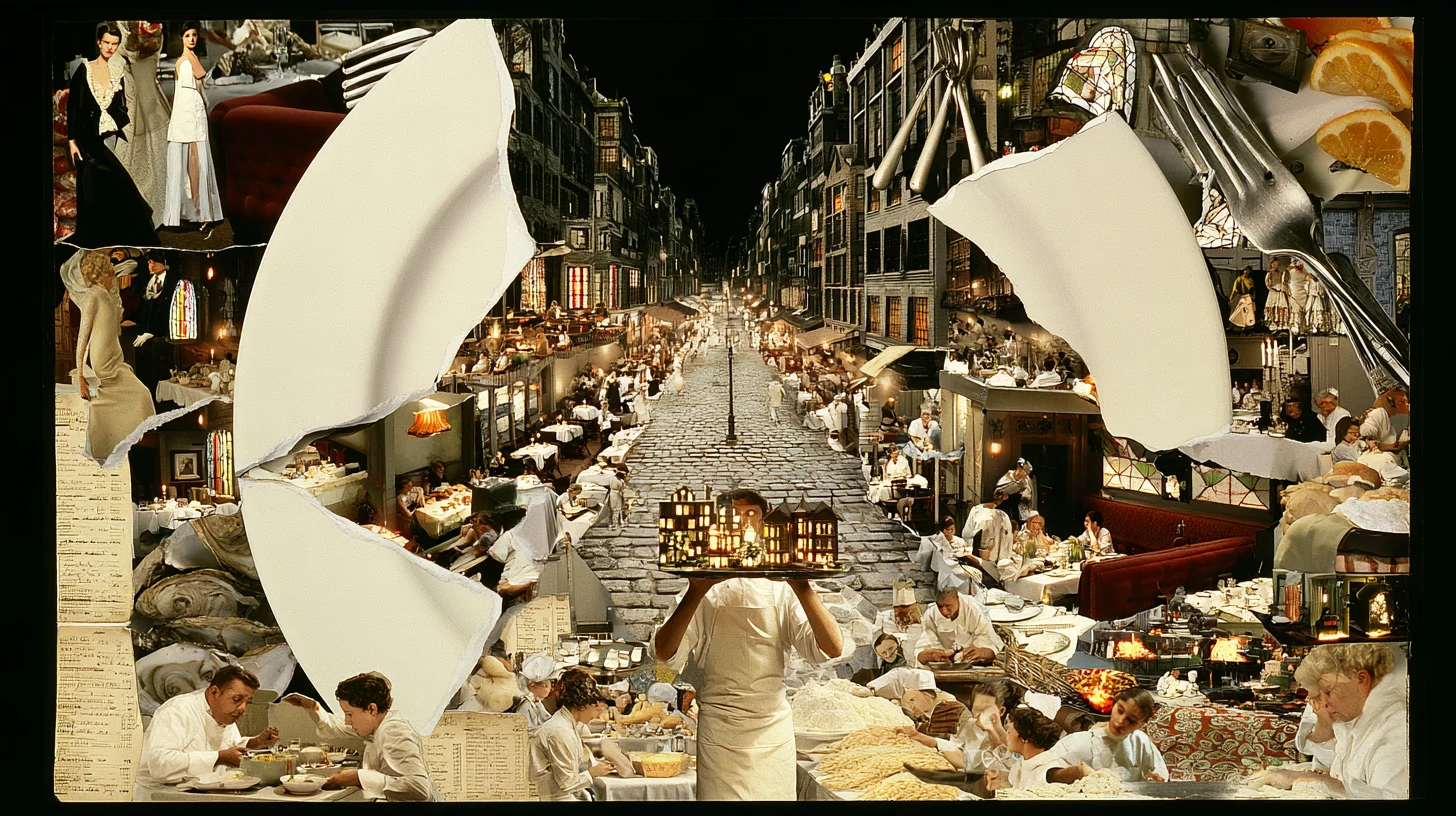 Surreal collage of restaurants, tables and food