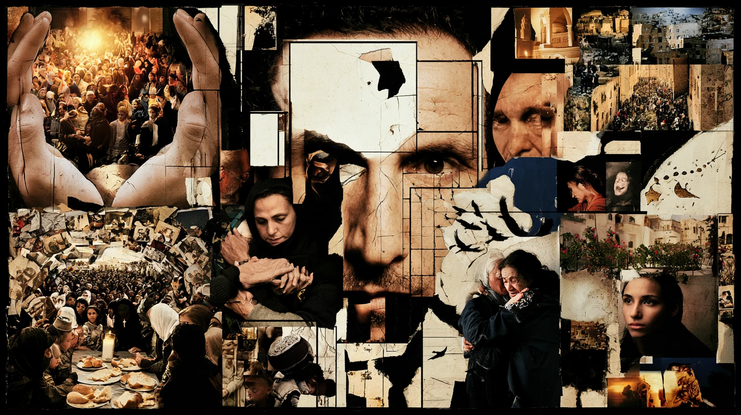 Dreamlike collage about human connection and belief