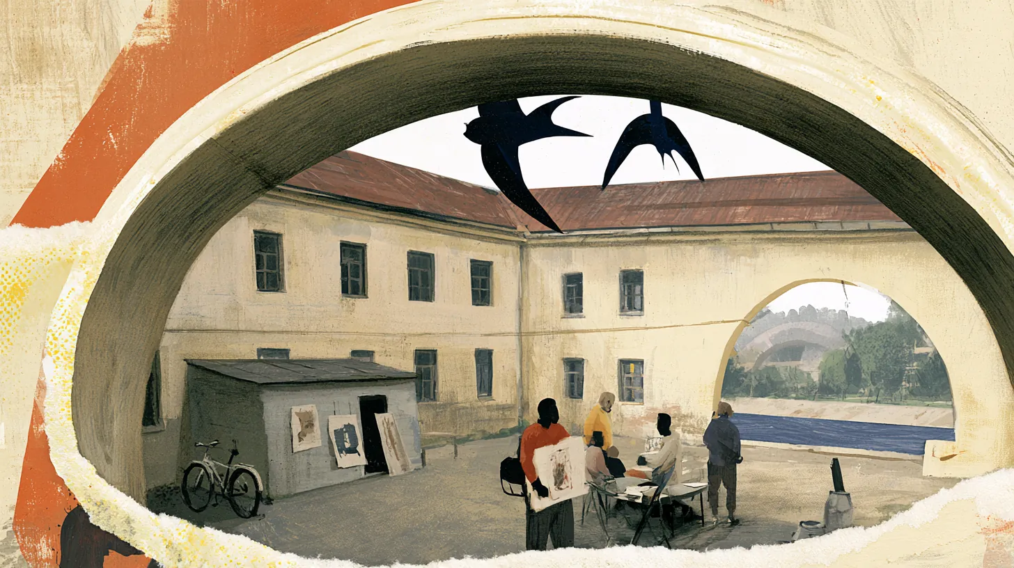 Collage illustration: a Vilnius courtyard seen through a torn arch, swallows overhead.