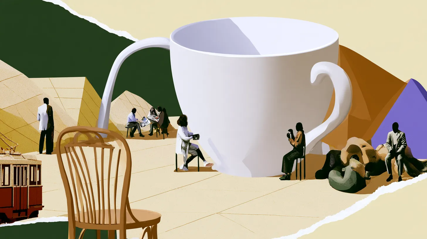 Collage illustration: a giant white coffee cup, a bentwood chair and a Vienna tram.