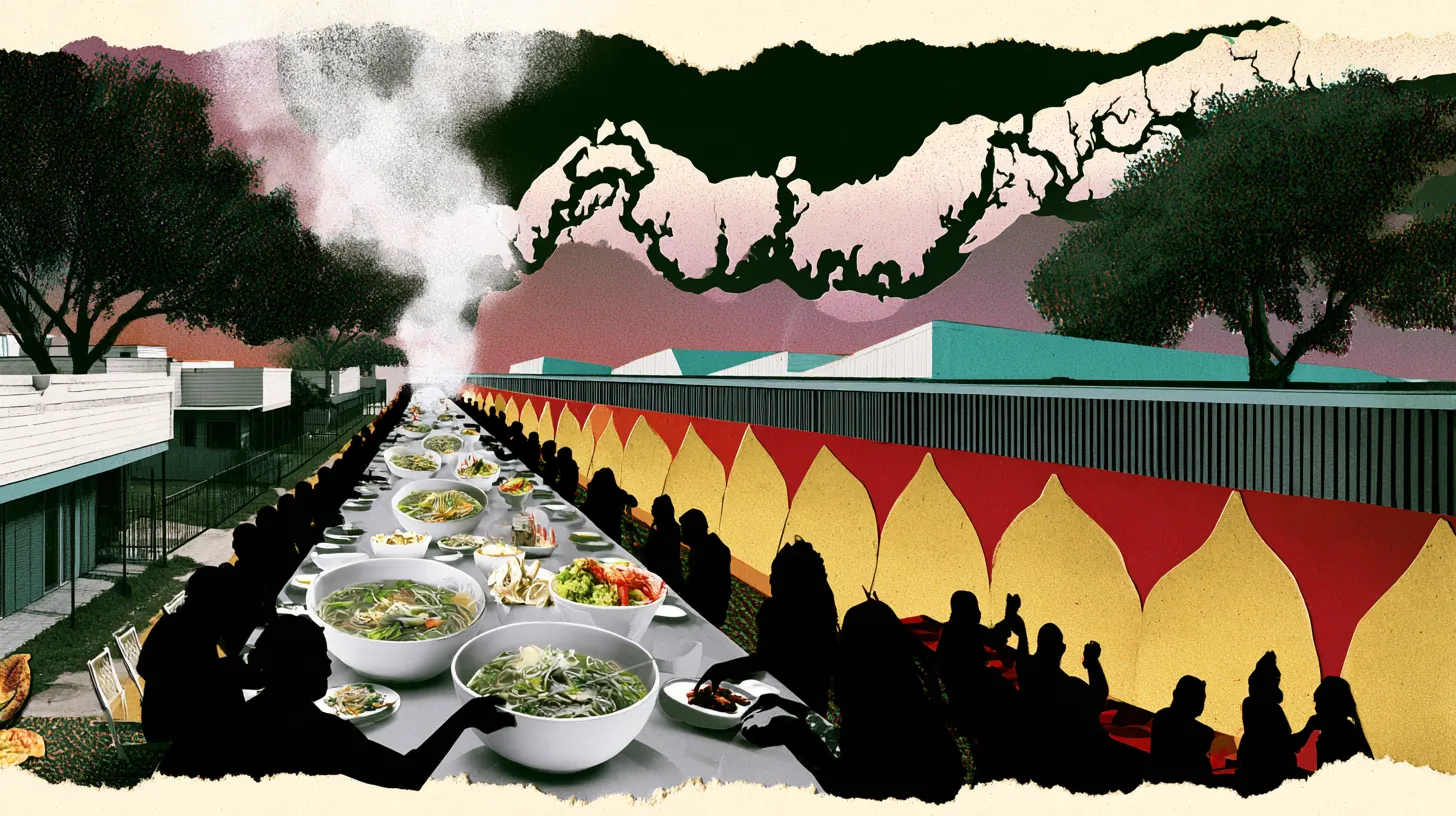 Collage illustration: a long shared table of soups and greens under Houston oaks.
