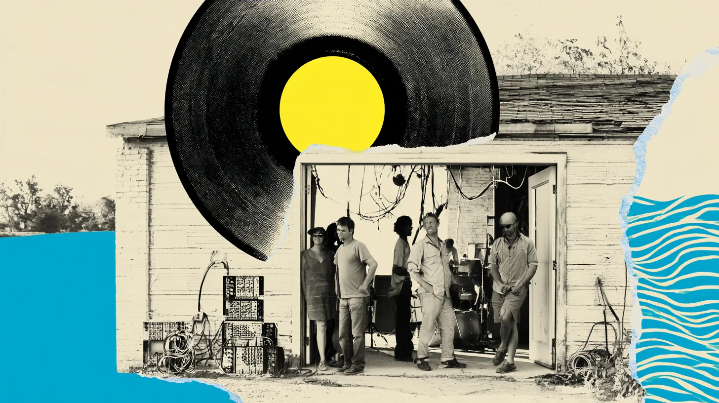 Collage illustration: a Detroit garage studio crowded with people under a record-sun.