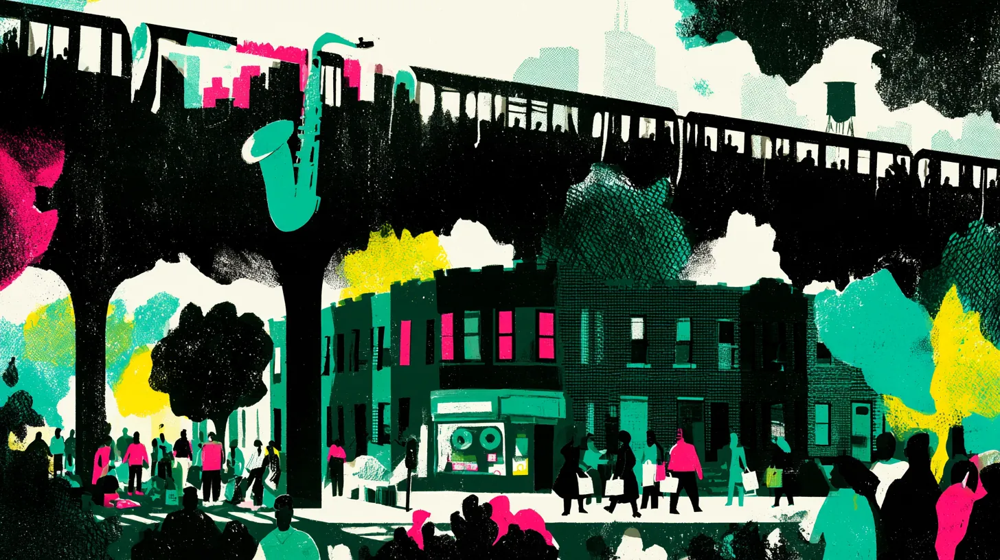 Collage illustration: an elevated train and a saxophone over a Chicago block at dusk.