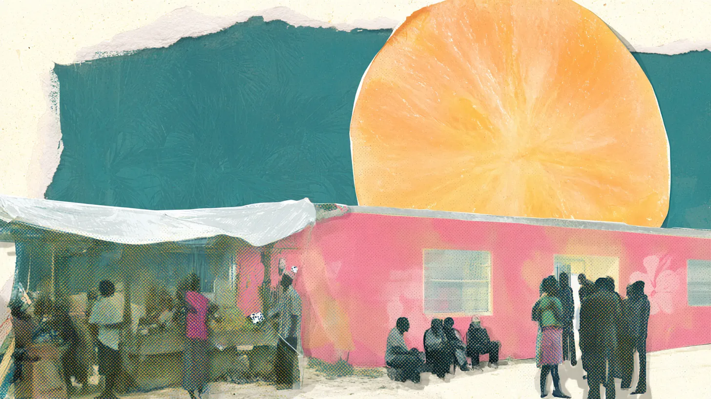 Collage illustration: neighbors gathering outside a pink Miami house under an orange sun.