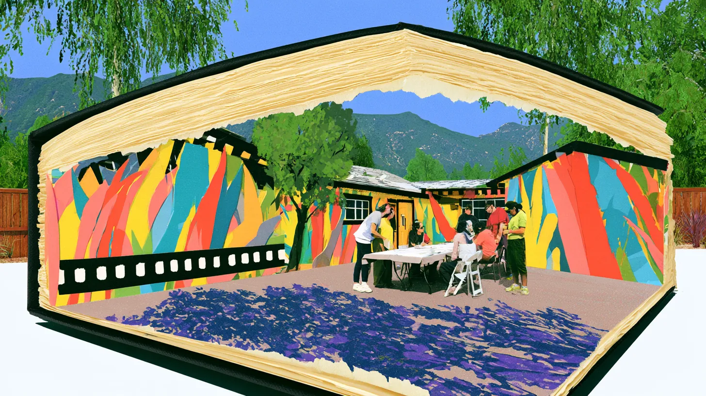 Collage illustration: a mural-wrapped Los Angeles courtyard where people paint at a long table.