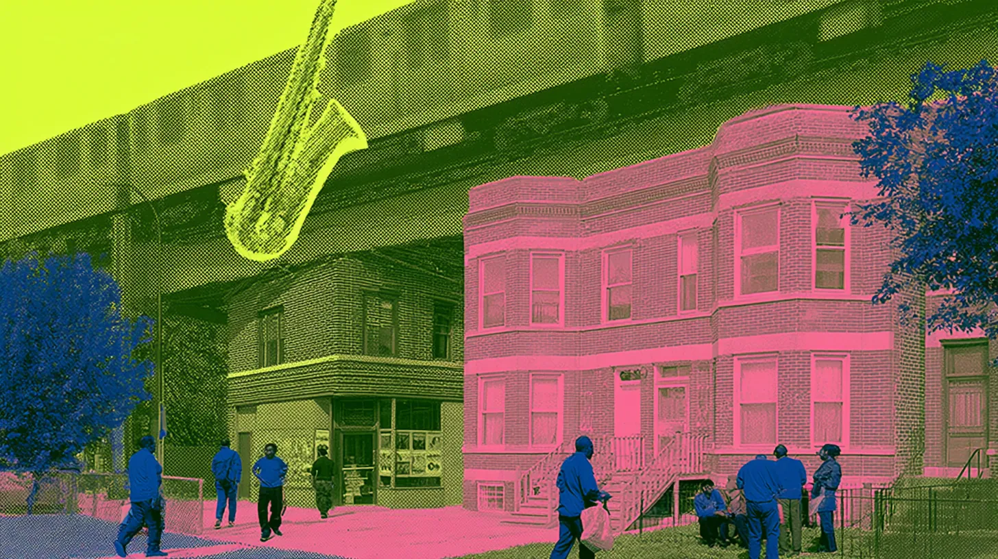 Collage illustration: a hot-pink Chicago two-flat, neighbors on the sidewalk and a saxophone over the L.