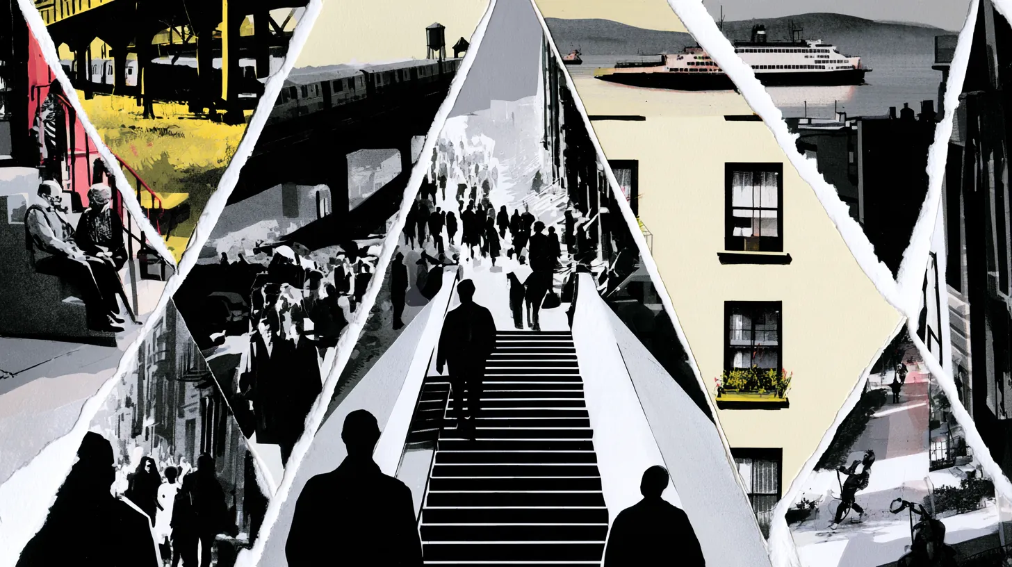 Collage illustration: New York stairs, ferries and crowds cut into a paper triangle.