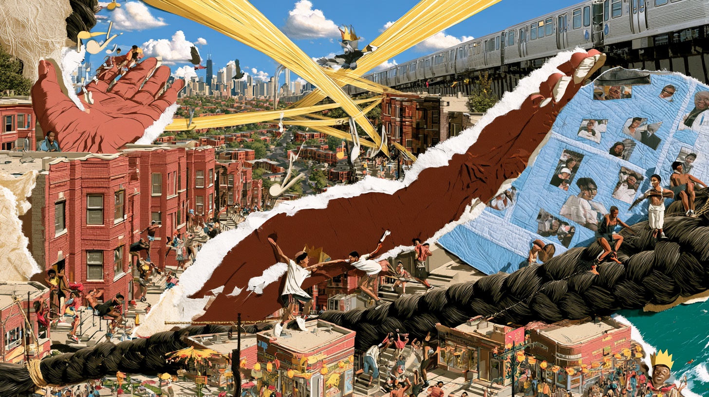 Cut-paper Chicago collage: brick two-flats, the L and a red paper hand reaching across the skyline.