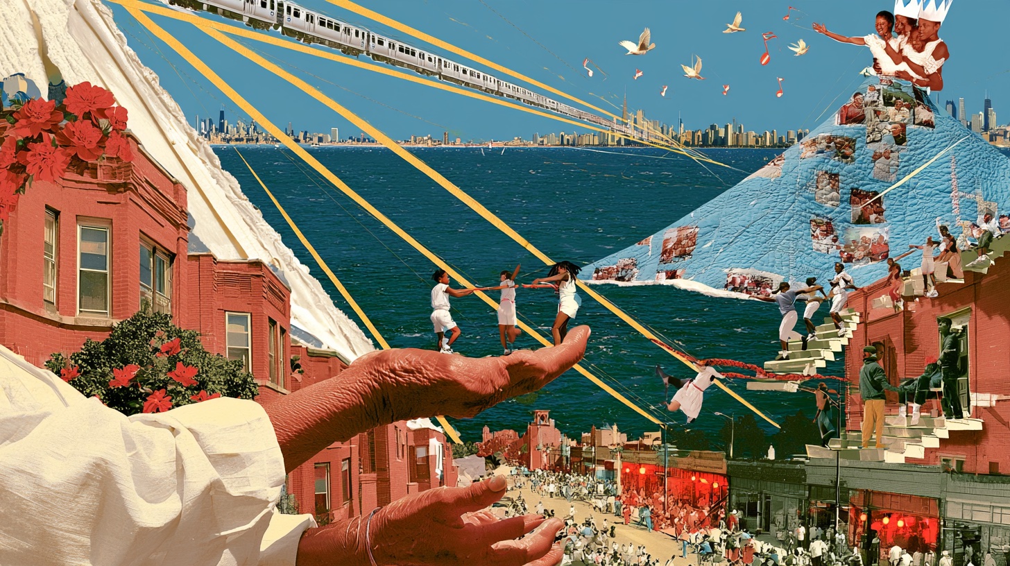 Chicago editorial collage: Lake air. Warm company.