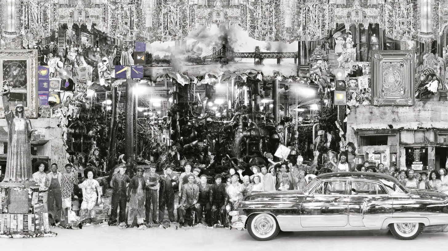 Illustrative Detroit collage: Art and industry. Same conversation.