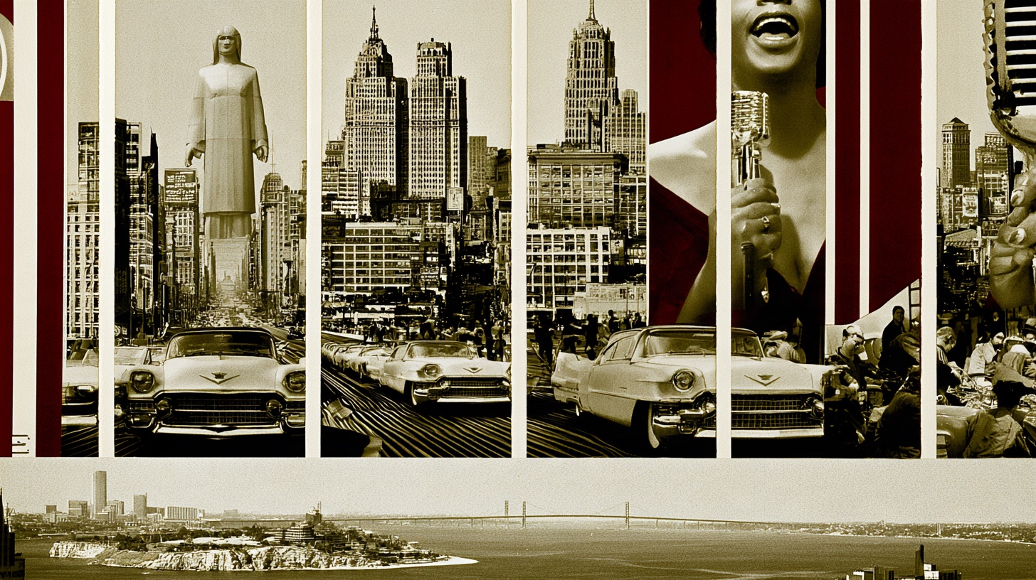 Illustrative Detroit collage: Motor City. Turn it up.