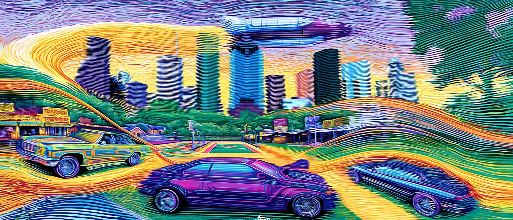 Illustrative Houston artwork: Summer turns the volume all the way up.