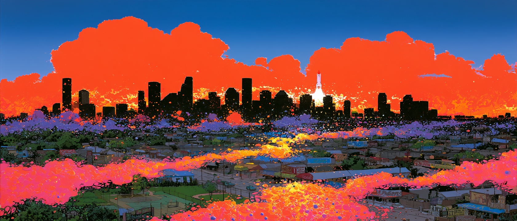 Illustrative Houston artwork: The skyline is running hot.