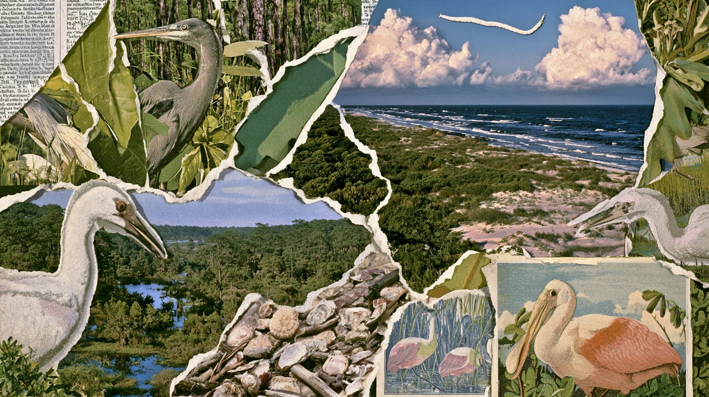 Illustrative Houston artwork: Bayou roots. Gulf horizons.