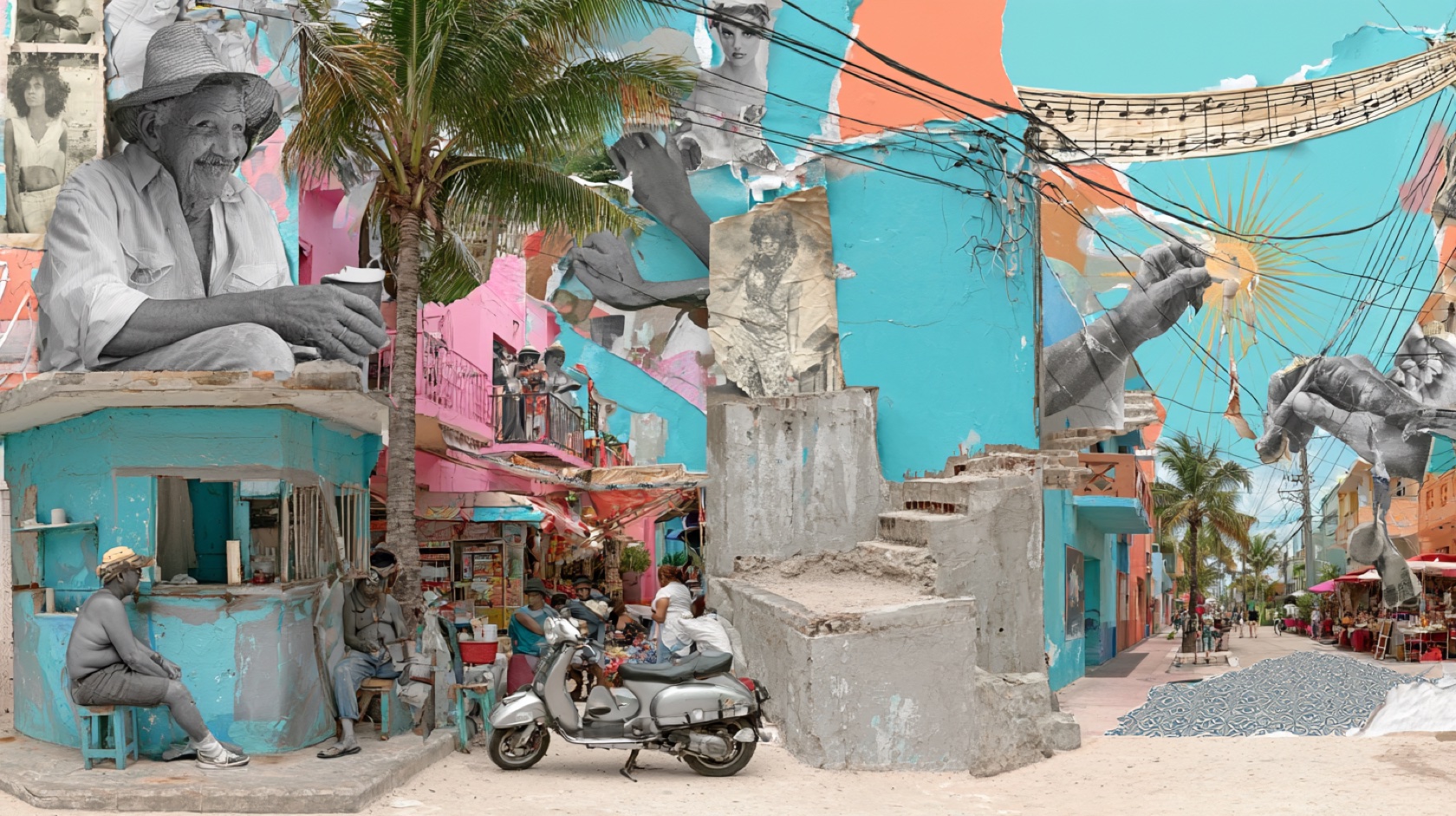 Collage of turquoise Miami streets, residents, craft and music